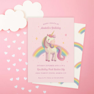Invitation Aquarelle Rainbow Unicorn rose fête d'anniversaire