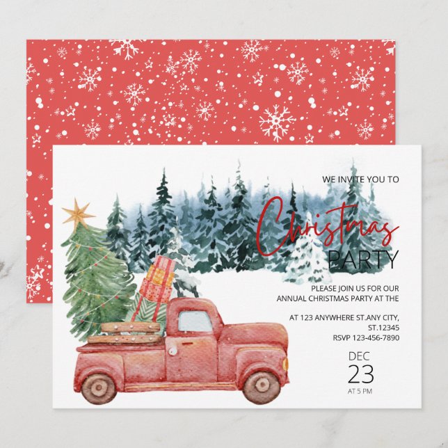Invitation Aquarelle ramassage Camion rouge Fête de Noël rust (Devant / Derrière)