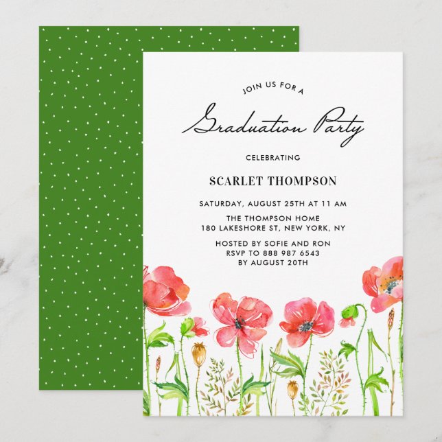 Invitation Aquarelle Red Poppies Garden Graduation Party II (Devant / Derrière)