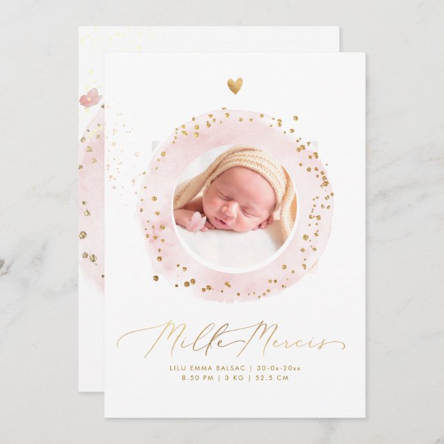 Invitation Aquarelle Remerciements Naissance Fille (Devant / Derrière)