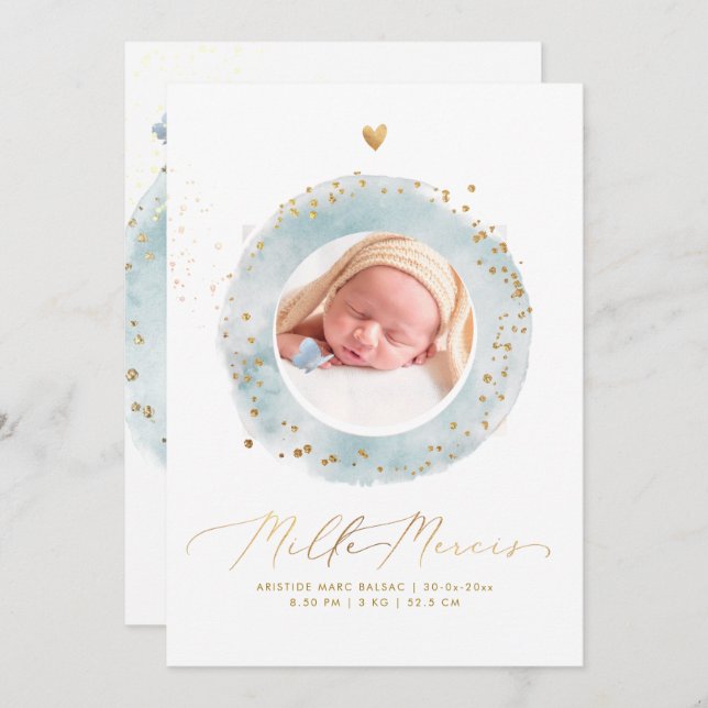 Invitation Aquarelle Remerciements Naissance Fille (Devant / Derrière)