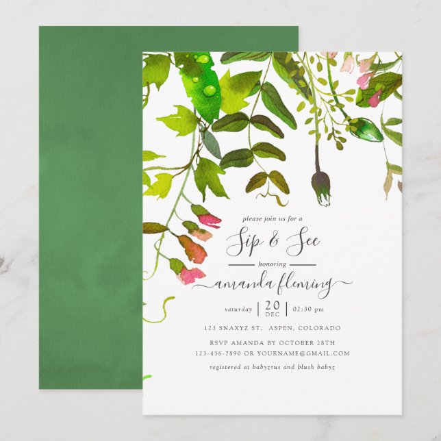 Invitation Aquarelle Ressort verdure Sip et voir (Devant / Derrière)