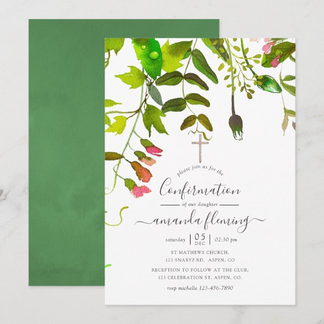 Invitation Aquarelle Ressort vert Confirmation (Devant / Derrière)