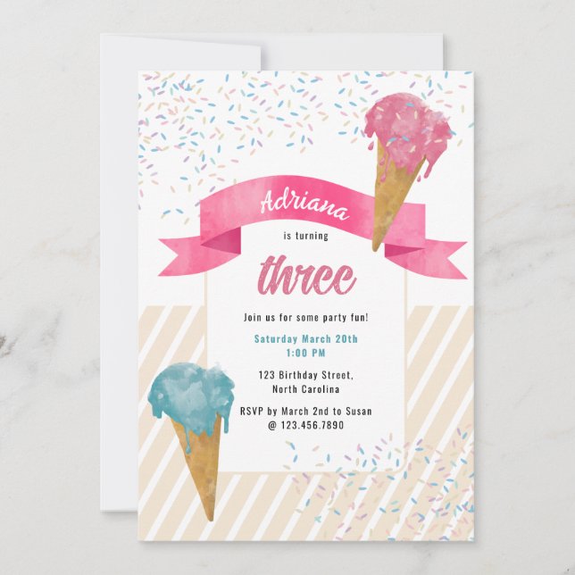 Invitation Aquarelle rétro Crème de glace et arroses Annivers (Devant)