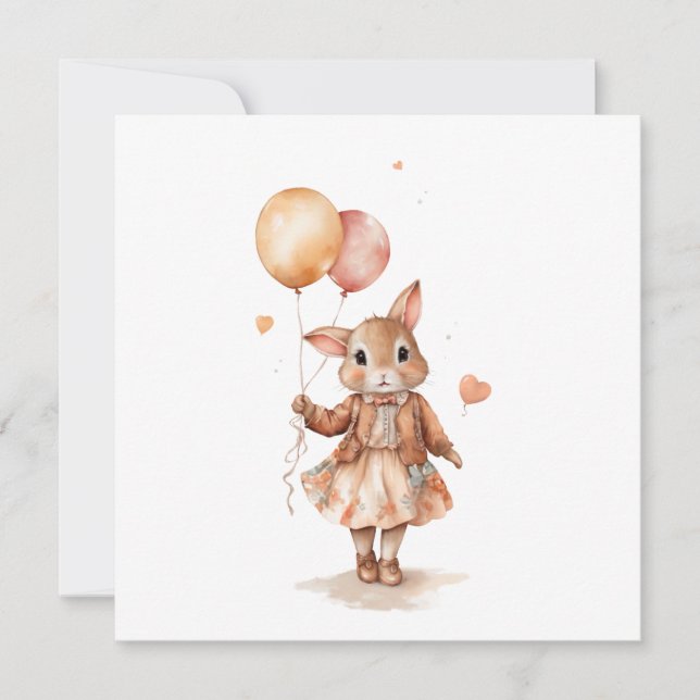 Invitation Aquarelle rétro Petite fille lapin avec ballons (Devant)