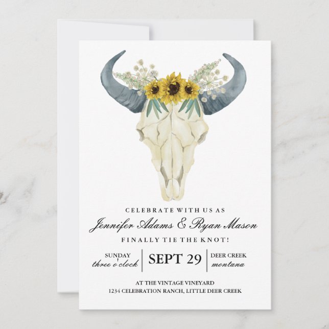 Invitation Aquarelle Rodéo Rustique | Mariage Tournesols (Devant)
