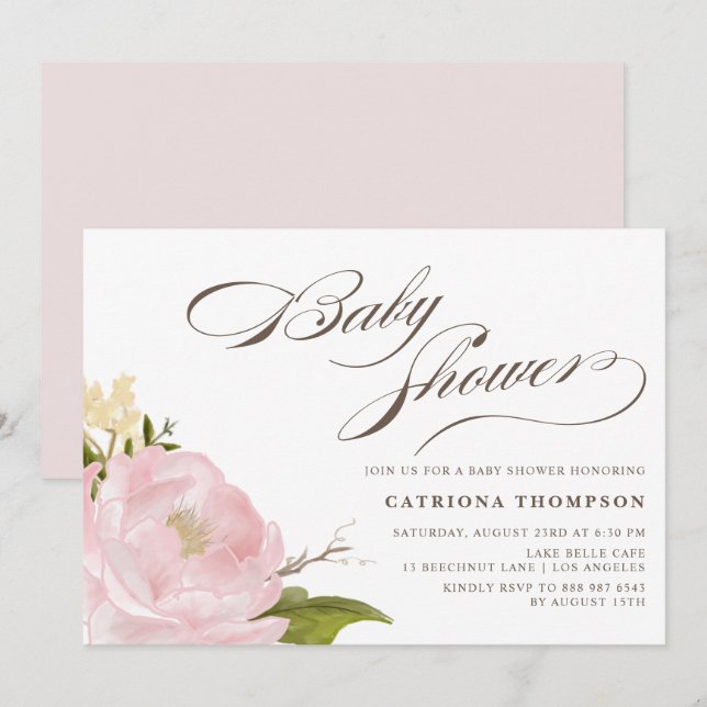 Invitation Aquarelle romantique Baby shower rose pâle (Devant / Derrière)