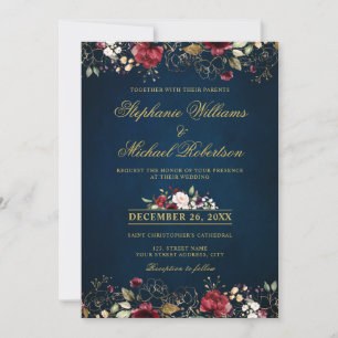 Invitation Aquarelle romantique bordeaux rouge marine or flor