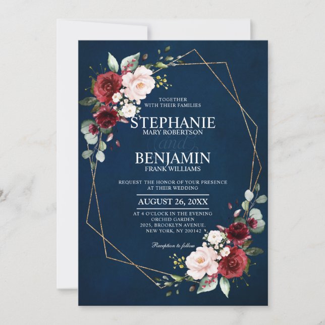 Invitation Aquarelle romantique Bourgogne Marine Floral Géomé (Devant)