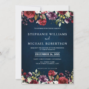Invitation Aquarelle romantique Bourgogne Rouge Blush Marine 