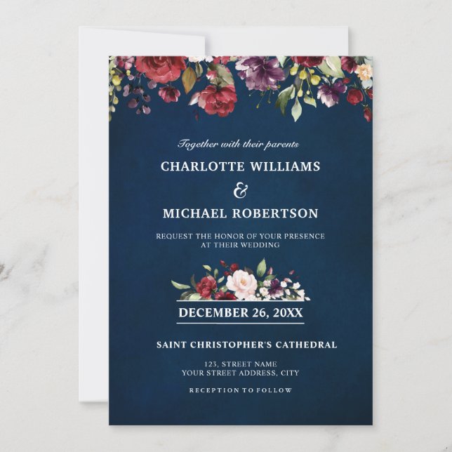 Invitation Aquarelle romantique Bourgogne Rouge Marine Floral (Devant)