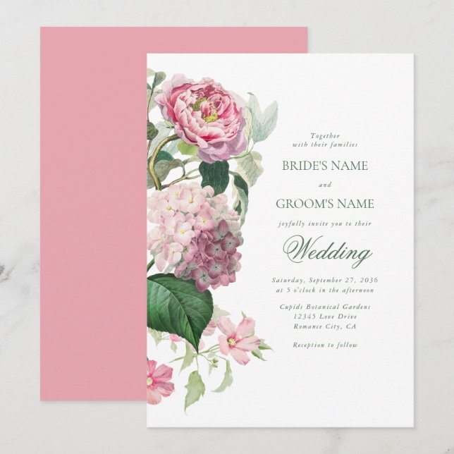 Invitation Aquarelle romantique Fleurs roses Mariage de jardi (Devant / Derrière)