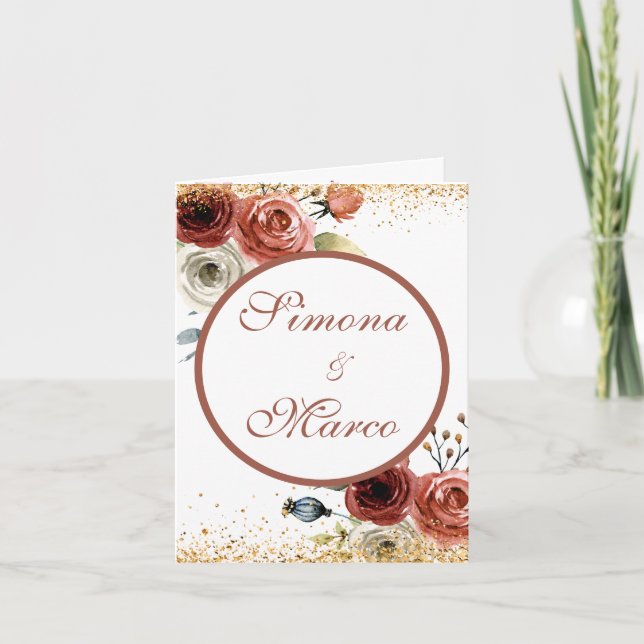 Invitation Aquarelle romantique Rose Floral, Mariage or (Devant)