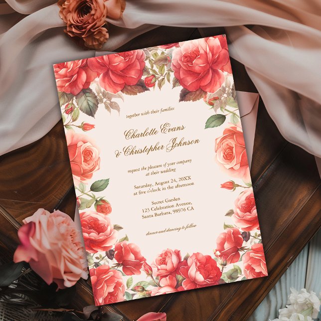 Invitation Aquarelle romantique Roses rouges Mariage floral (Créateur téléchargé)