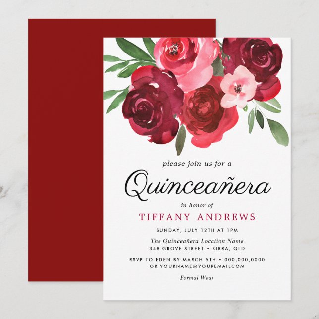 Invitation Aquarelle Romantique Roses Rouges Quinceanera Invi (Devant / Derrière)