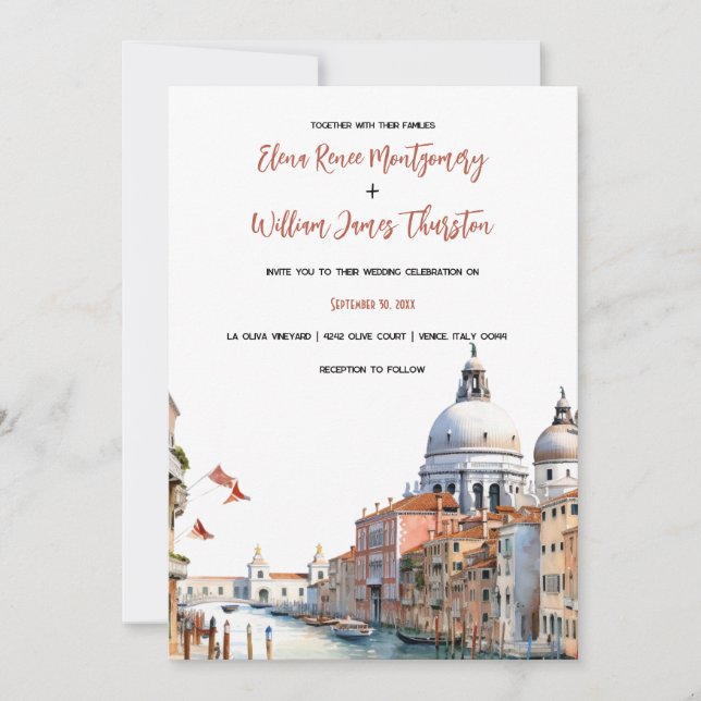 Invitation Aquarelle romantique Venise Italie Mariage (Devant)