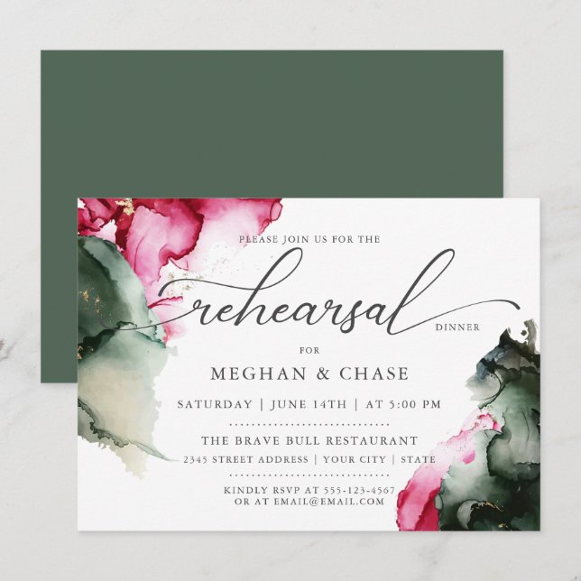 Invitation Aquarelle rose Abstrait et vert sage (Devant / Derrière)