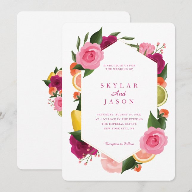 Invitation Aquarelle rose Aquarelle Fruit Agrumes Floral Blan (Devant / Derrière)