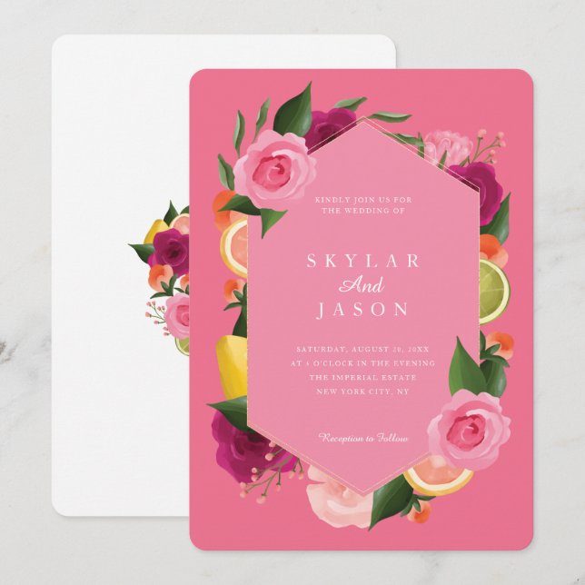 Invitation Aquarelle rose Aquarelle Fruit Citrus Floral Rose (Devant / Derrière)