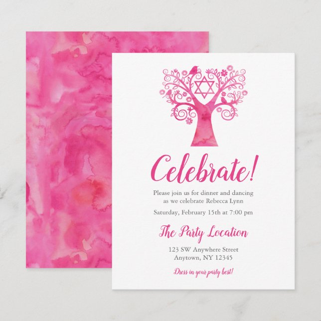 Invitation Aquarelle rose Arbre de vie Réception (Devant / Derrière)