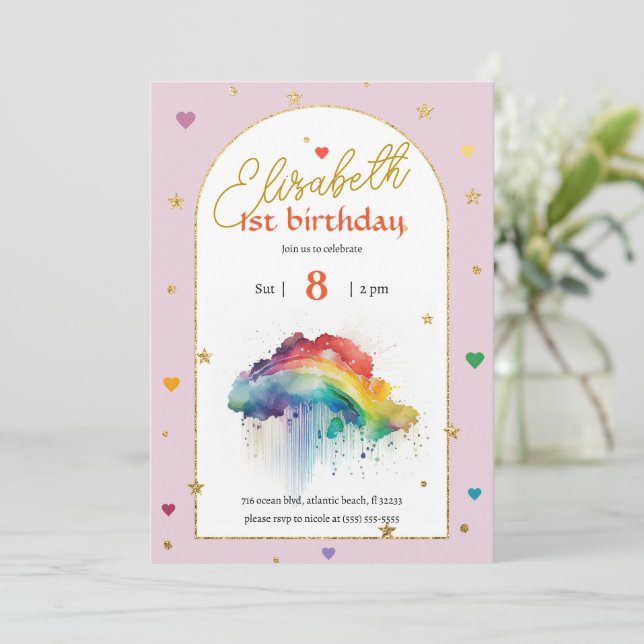 Invitation Aquarelle rose arc-en-ciel 1er anniversaire Invita (Debout devant)