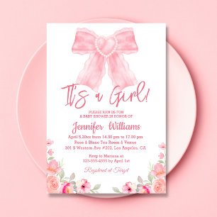 Invitation aquarelle rose arc floral fille baby shower