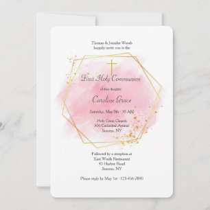 Invitation Aquarelle rose avec cadre doré