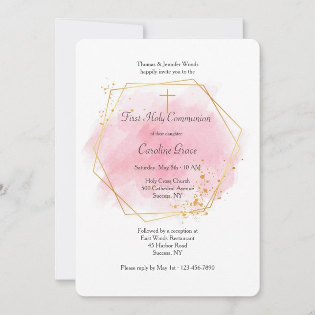 Invitation Aquarelle rose Avec Cadre Or (Devant)