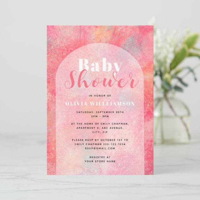 Invitation Aquarelle rose Baby shower Abstrait filles (Debout devant)
