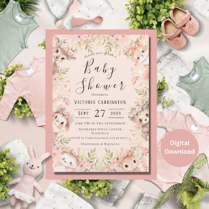 Invitation Aquarelle rose Baby shower d'animaux de bois