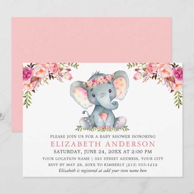 Invitation Aquarelle rose Baby shower d'éléphant Floral (Devant / Derrière)
