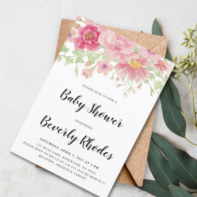 Invitation Aquarelle rose Baby shower Floral (Créateur téléchargé)