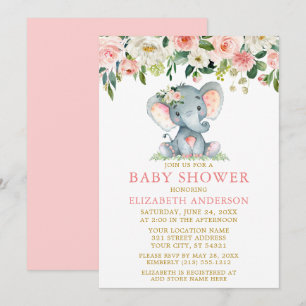 Invitation Aquarelle rose Baby shower Floral Eléphant Or
