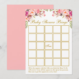 Invitation Aquarelle rose Baby shower Floral Gold Bingo Card
