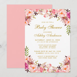 Invitation Aquarelle rose Baby shower Floral Or