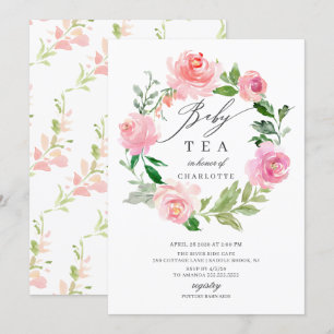 Invitation Aquarelle Rose Baby shower Floral Thé