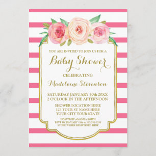 Invitation Aquarelle rose Baby shower or rayures florales