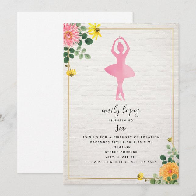 Invitation Aquarelle rose Ballerina Brick Floral Anniversaire (Devant / Derrière)