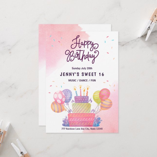 Invitation Aquarelle rose Ballons doux 16 Anniversaire (Devant/Arrière en situation)