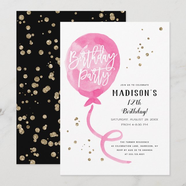 Invitation Aquarelle rose Balloon or Confetti Anniversaire (Devant / Derrière)