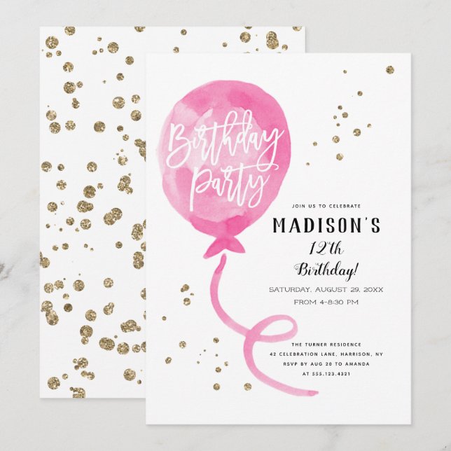 Invitation Aquarelle rose Balloon or Confetti Anniversaire (Devant / Derrière)