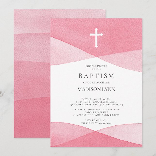 Invitation Aquarelle rose Baptême (Devant / Derrière)