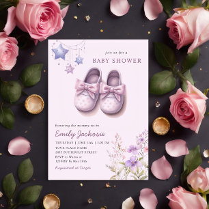 Invitation Aquarelle rose bébé Chaussures fleurie Baby shower