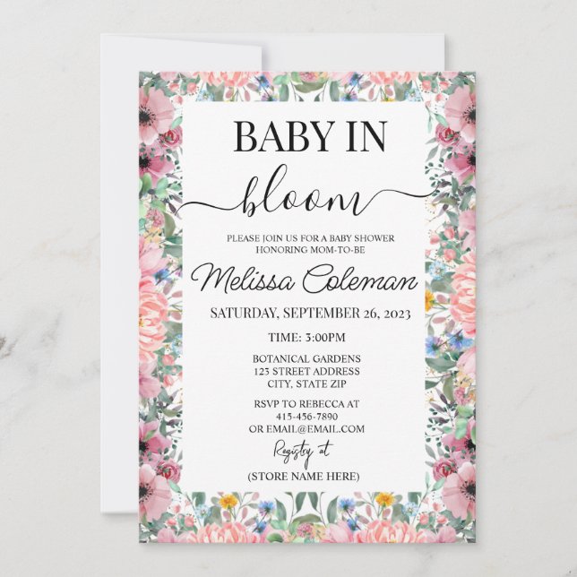 Invitation Aquarelle rose Bébé Floral En Baby shower Fleur (Devant)