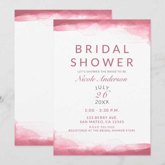 Invitation Aquarelle rose Berry Mauve Fête des mariées modern (Devant / Derrière)