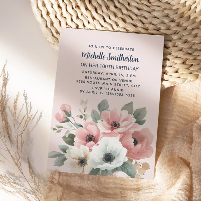 Invitation Aquarelle rose blanc Floral 100e anniversaire (Elegant pink and white watercolor floral 100th birthday party invitation)