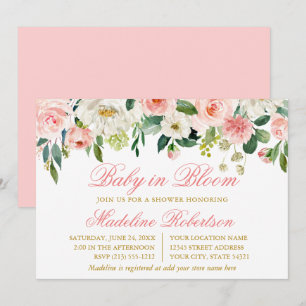 Invitation Aquarelle Rose Blanc Floral Bébé En Fleur Douche