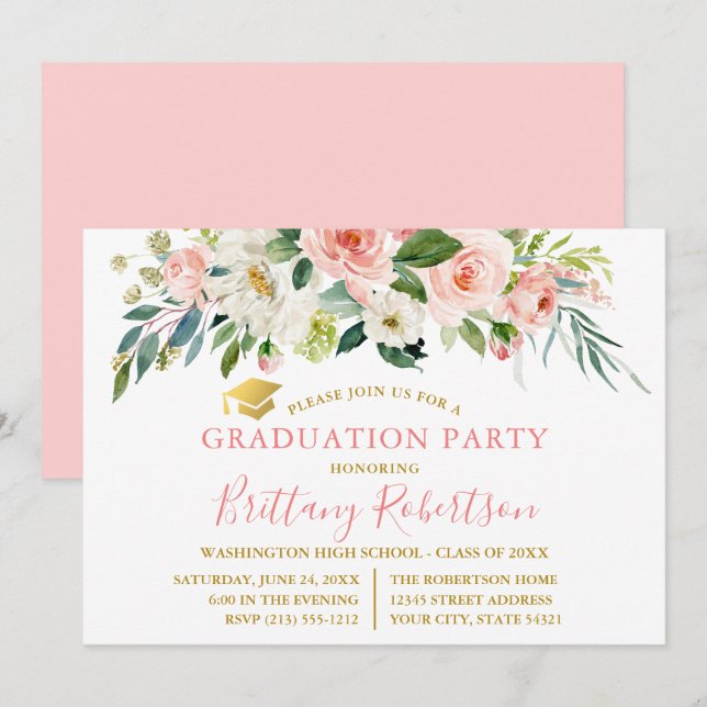 Invitation Aquarelle rose blanc Floral Gold Party (Devant / Derrière)