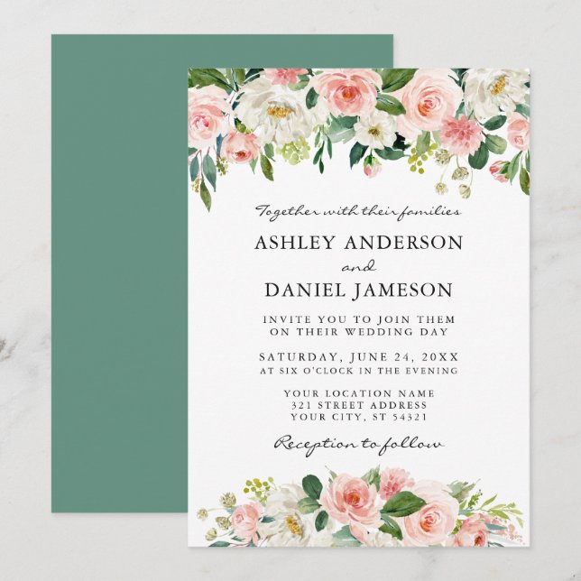 Invitation Aquarelle rose Blanc Floral Mariage (Devant / Derrière)