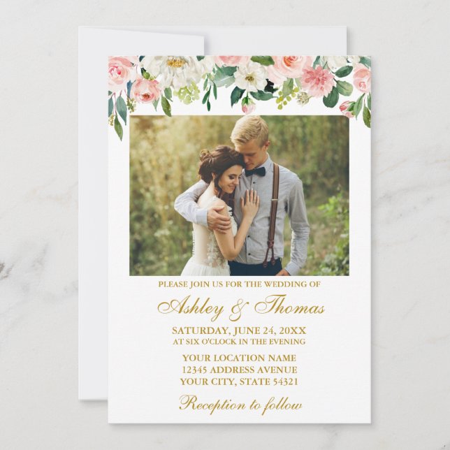 Invitation Aquarelle rose blanc Floral Mariage or (Devant)